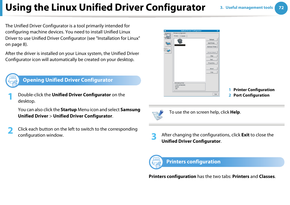 Using the linux unified driver configurator, Opening unified driver configurator, Printers configuration | Samsung ML-2955ND-XAA User Manual | Page 162 / 230