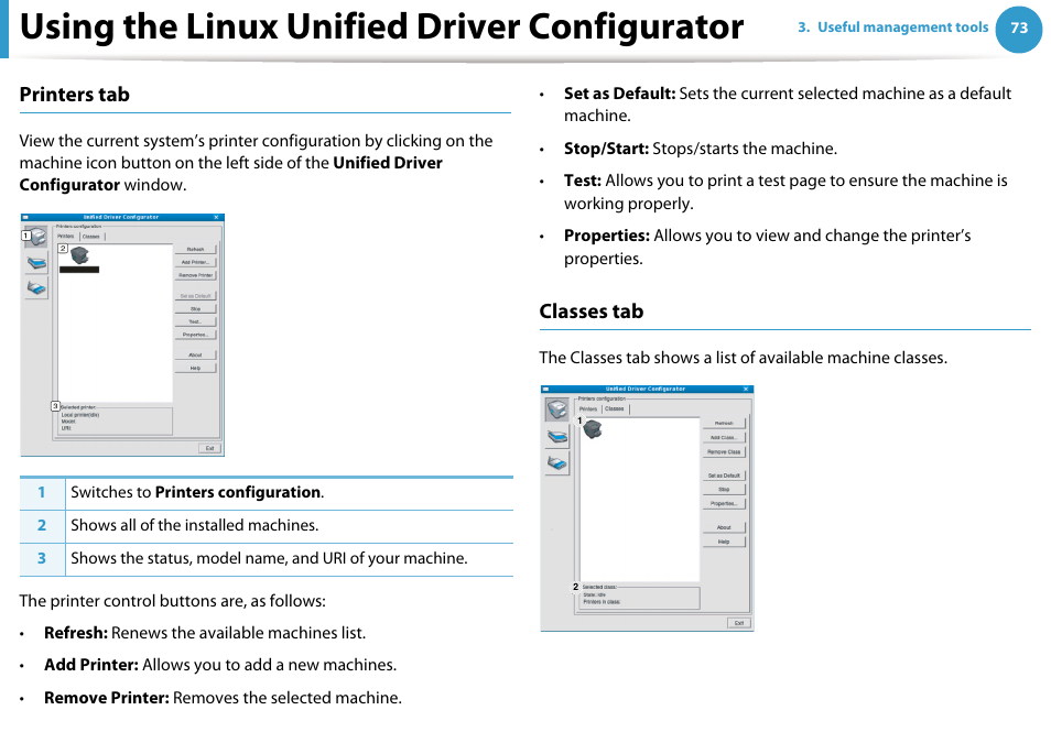 Using the linux unified driver configurator, Printers tab, Classes tab | Samsung ML-2955ND-XAA User Manual | Page 163 / 230