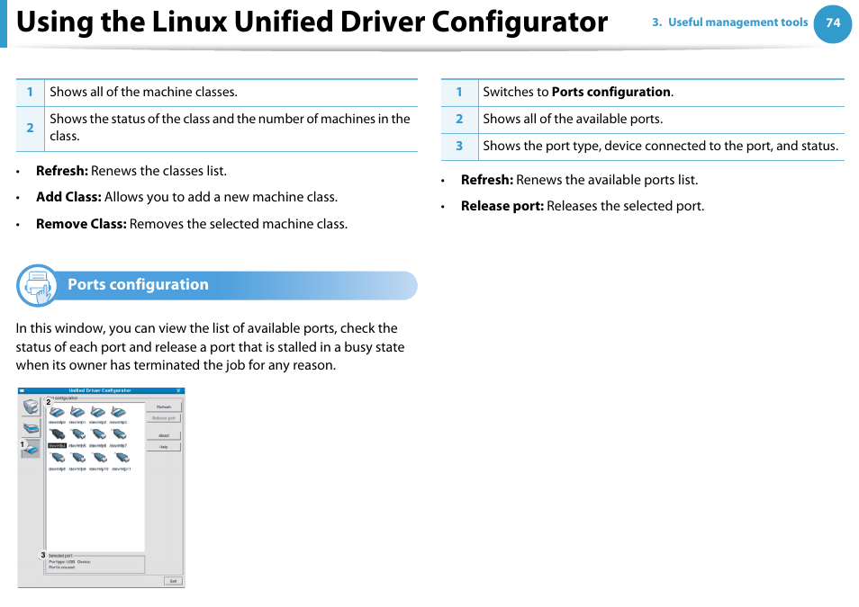 Ports configuration, Using the linux unified driver configurator | Samsung ML-2955ND-XAA User Manual | Page 164 / 230