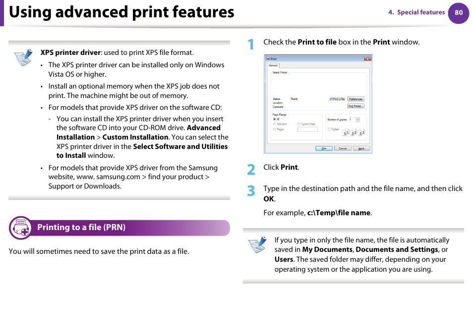 Using advanced print features, Printing to a file (prn) | Samsung ML-2955ND-XAA User Manual | Page 170 / 230