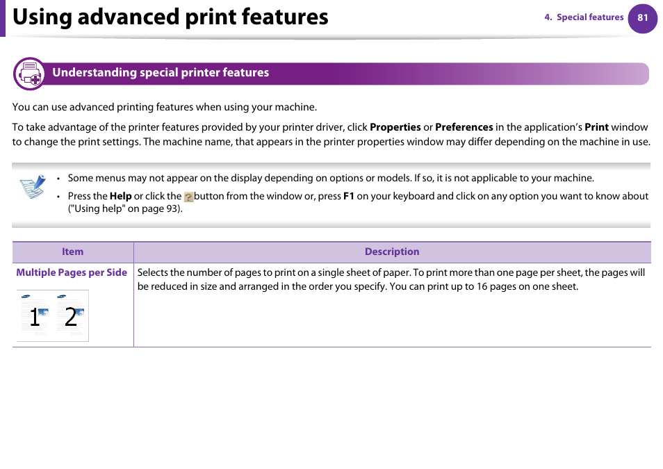 Understanding special printer features, Using advanced print features | Samsung ML-2955ND-XAA User Manual | Page 171 / 230