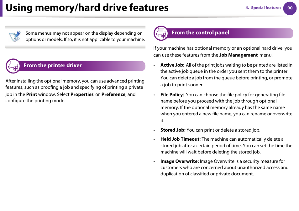 Using memory/hard drive features, From the printer driver, From the control panel | Samsung ML-2955ND-XAA User Manual | Page 180 / 230