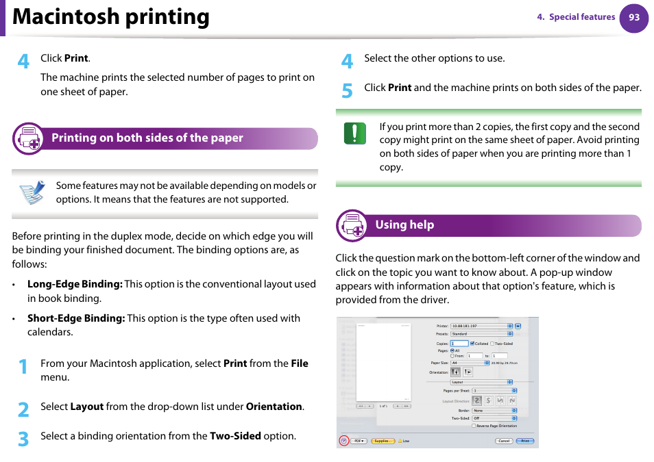 Printing on both sides of the paper, Using help, Macintosh printing | Samsung ML-2955ND-XAA User Manual | Page 183 / 230
