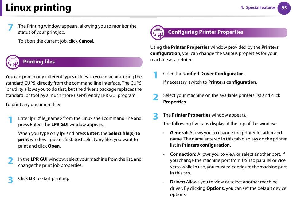 Printing files, Configuring printer properties, Linux printing | Samsung ML-2955ND-XAA User Manual | Page 185 / 230