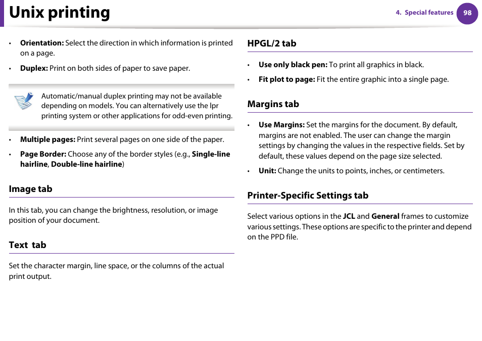Unix printing, Image tab, Text tab | Hpgl/2 tab, Margins tab, Printer-specific settings tab | Samsung ML-2955ND-XAA User Manual | Page 188 / 230