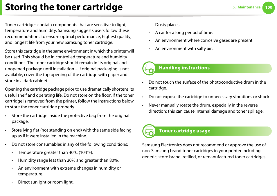 Storing the toner cartridge, Handling instructions, Toner cartridge usage | Samsung ML-2955ND-XAA User Manual | Page 190 / 230