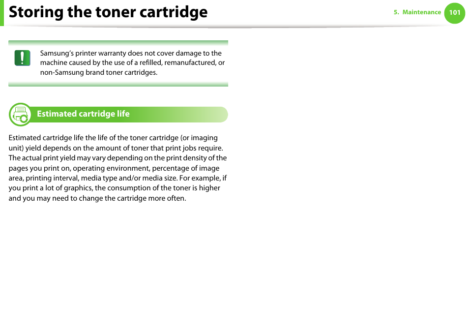 Estimated cartridge life, Storing the toner cartridge | Samsung ML-2955ND-XAA User Manual | Page 191 / 230