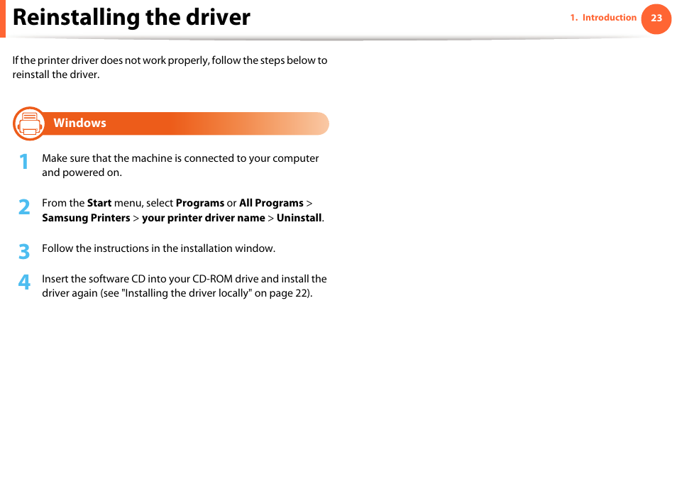 Reinstalling the driver, Windows | Samsung ML-2955ND-XAA User Manual | Page 23 / 230