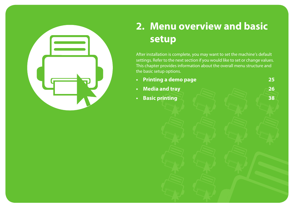 Menu overview and basic setup | Samsung ML-2955ND-XAA User Manual | Page 24 / 230