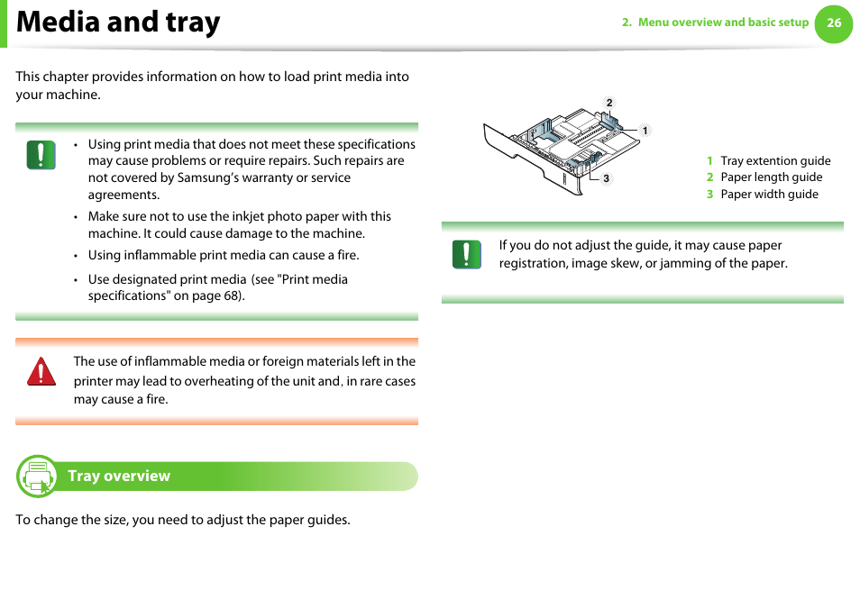 Media and tray, Tray overview | Samsung ML-2955ND-XAA User Manual | Page 26 / 230