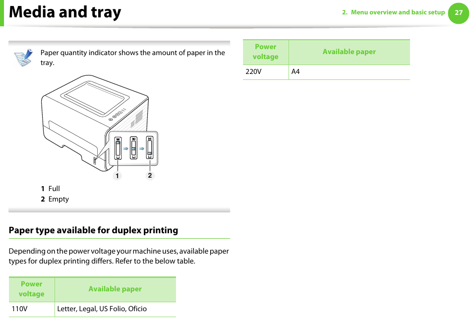 Media and tray, Paper type available for duplex printing | Samsung ML-2955ND-XAA User Manual | Page 27 / 230