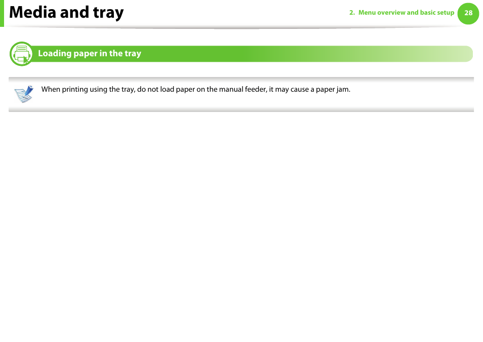 Loading paper in the tray, Media and tray | Samsung ML-2955ND-XAA User Manual | Page 28 / 230