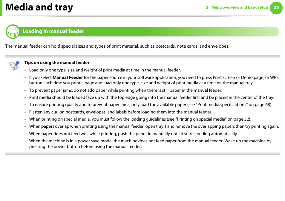 Loading in manual feeder, Media and tray | Samsung ML-2955ND-XAA User Manual | Page 30 / 230
