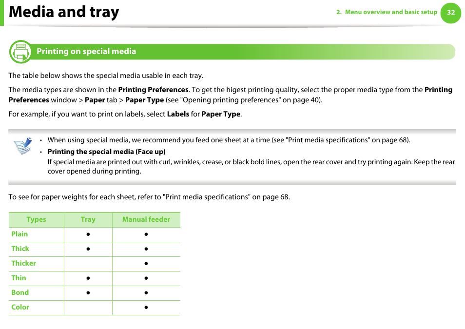 Printing on special media, Media and tray | Samsung ML-2955ND-XAA User Manual | Page 32 / 230