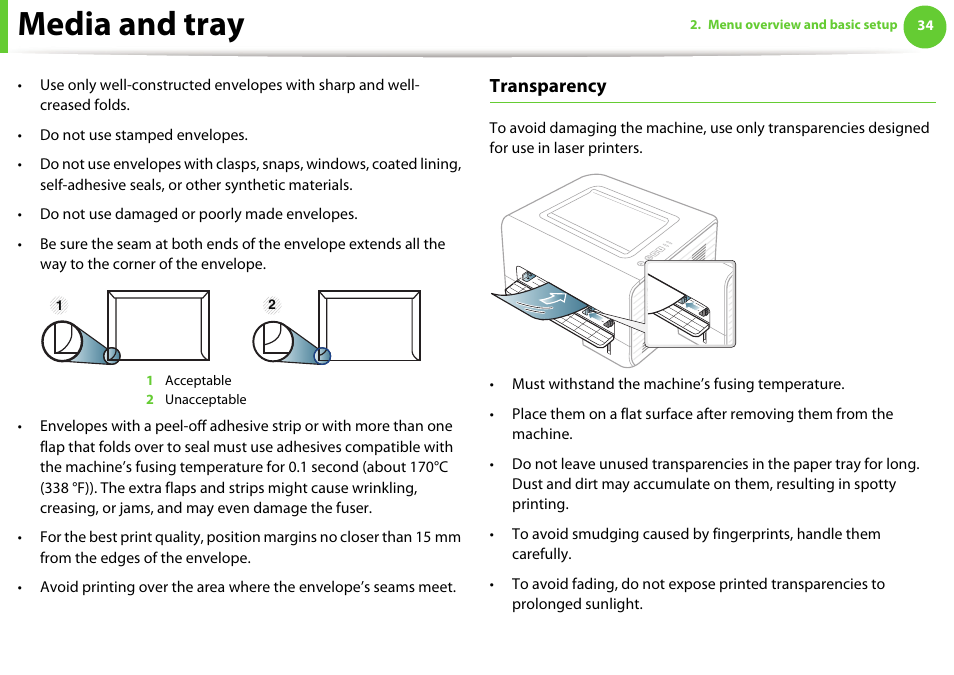 Media and tray, Transparency | Samsung ML-2955ND-XAA User Manual | Page 34 / 230