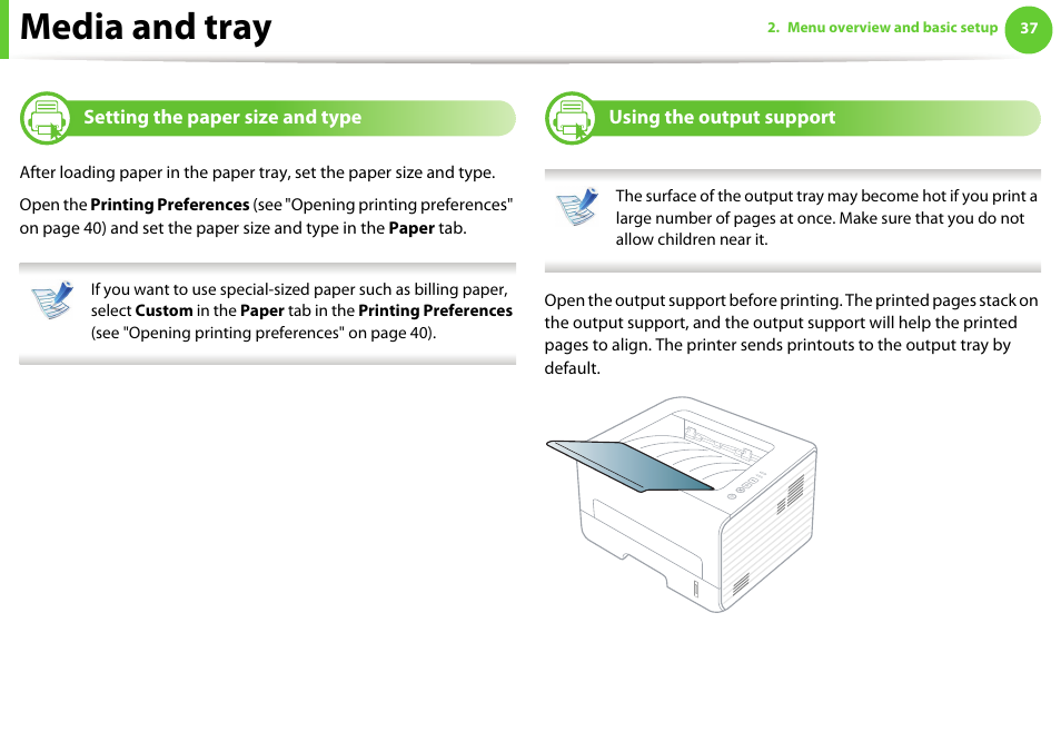 Setting the paper size and type, Using the output support, Media and tray | Samsung ML-2955ND-XAA User Manual | Page 37 / 230