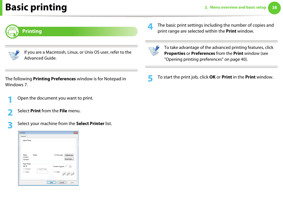 Basic printing, Printing | Samsung ML-2955ND-XAA User Manual | Page 38 / 230