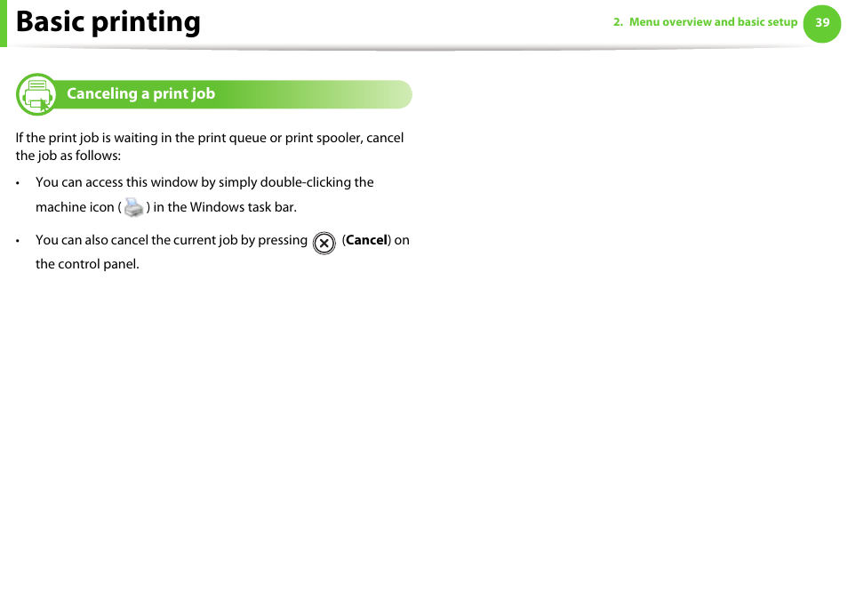 Canceling a print job, Basic printing | Samsung ML-2955ND-XAA User Manual | Page 39 / 230