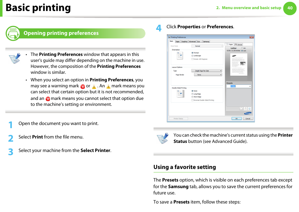 Opening printing preferences, Basic printing | Samsung ML-2955ND-XAA User Manual | Page 40 / 230