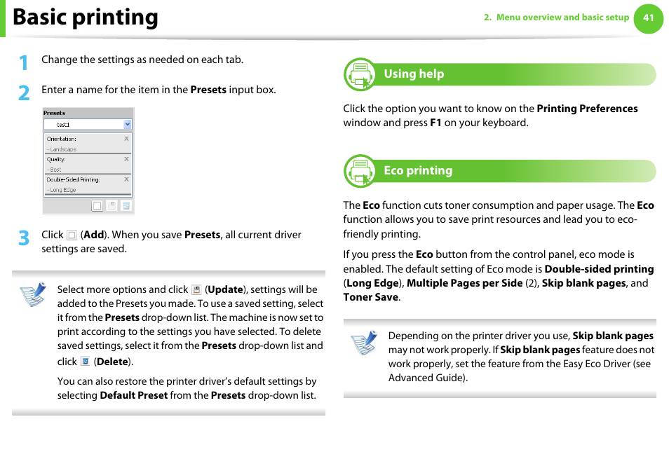 Using help, Eco printing, Basic printing | Samsung ML-2955ND-XAA User Manual | Page 41 / 230