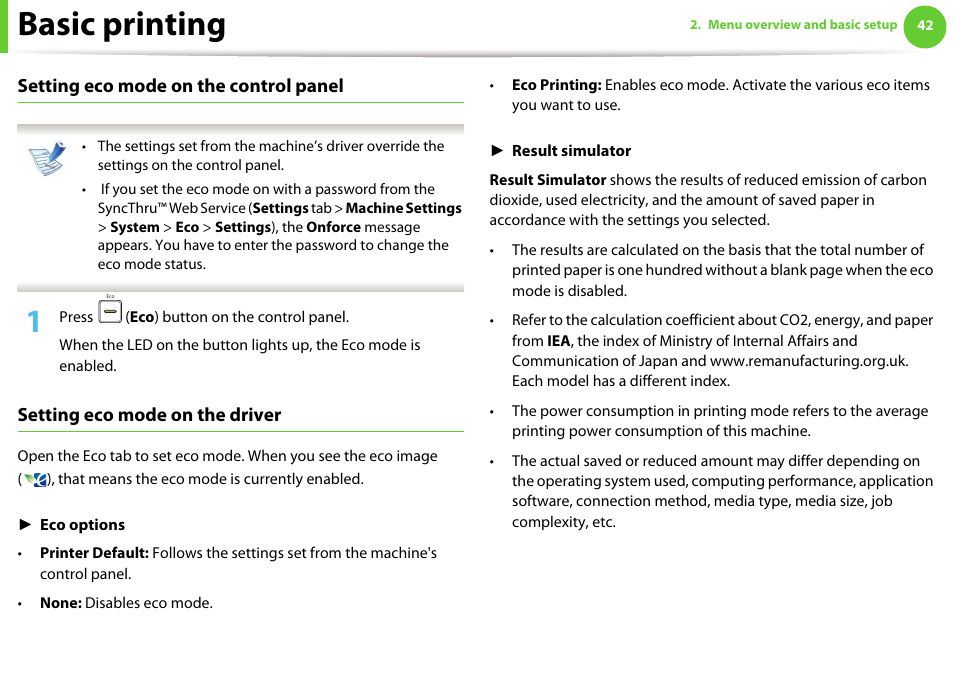 Basic printing, Setting eco mode on the control panel, Setting eco mode on the driver | Samsung ML-2955ND-XAA User Manual | Page 42 / 230