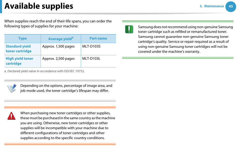 Available supplies | Samsung ML-2955ND-XAA User Manual | Page 45 / 230