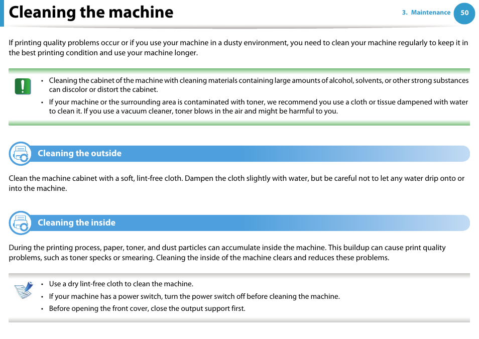 Cleaning the machine, Cleaning the outside, Cleaning the inside | Samsung ML-2955ND-XAA User Manual | Page 50 / 230