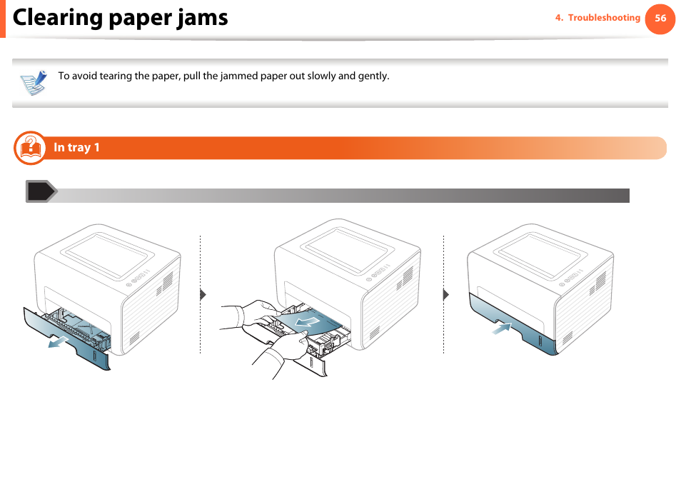 Clearing paper jams, In tray 1 | Samsung ML-2955ND-XAA User Manual | Page 56 / 230