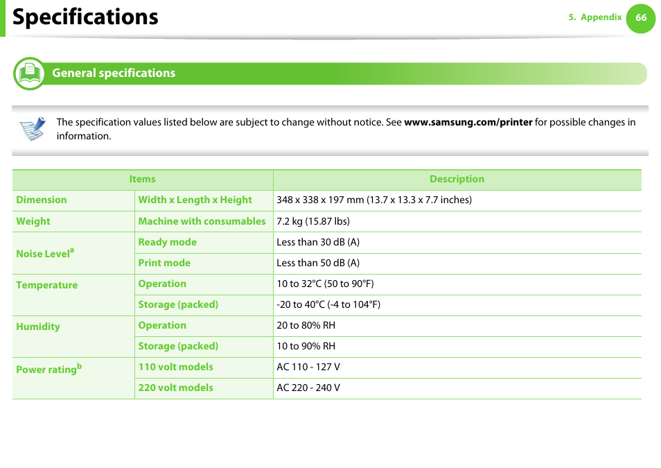 Specifications, General specifications | Samsung ML-2955ND-XAA User Manual | Page 66 / 230
