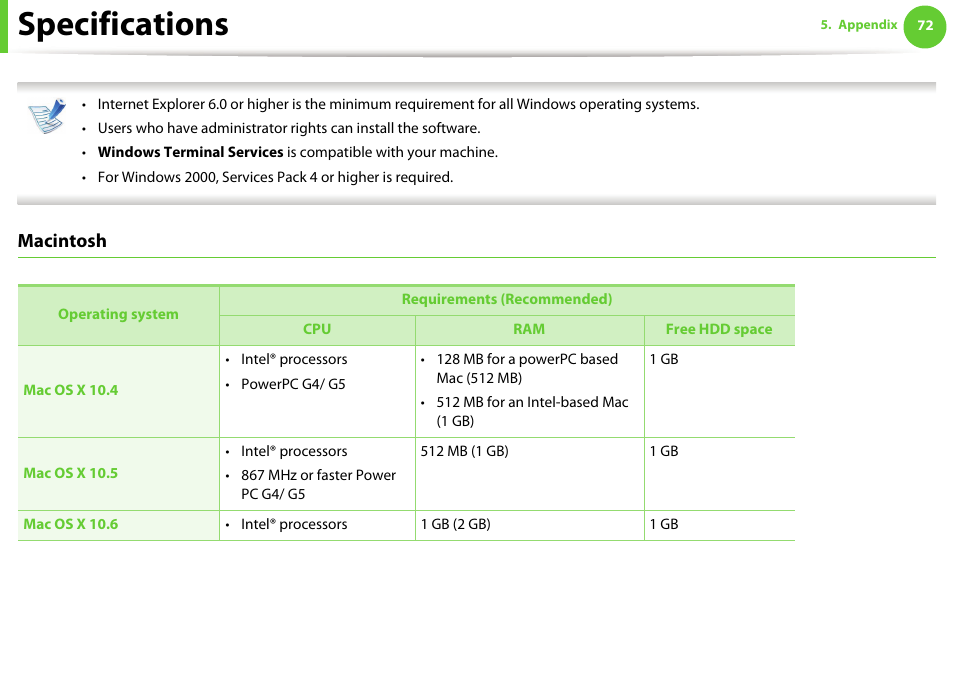 Specifications, Macintosh | Samsung ML-2955ND-XAA User Manual | Page 72 / 230