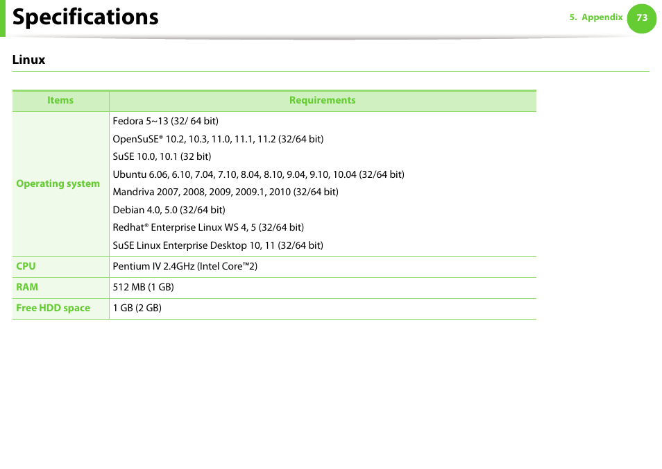 Specifications, Linux | Samsung ML-2955ND-XAA User Manual | Page 73 / 230
