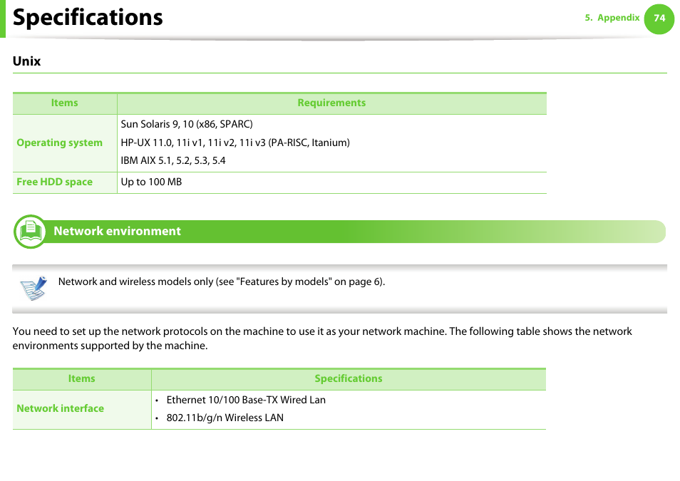 Network environment, Specifications, Unix | Samsung ML-2955ND-XAA User Manual | Page 74 / 230