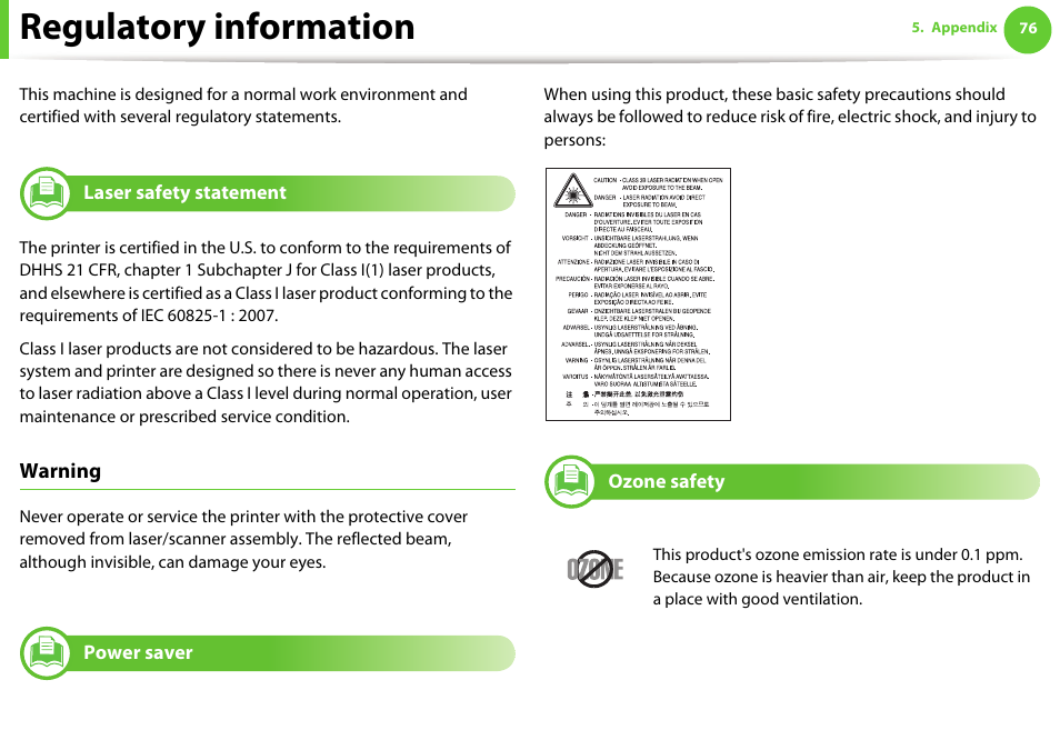 Regulatory information, Laser safety statement, Ozone safety | Power saver, Warning | Samsung ML-2955ND-XAA User Manual | Page 76 / 230