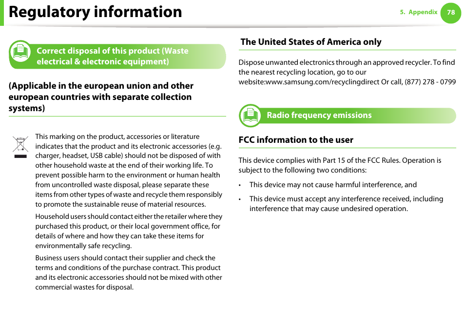 Radio frequency emissions, Regulatory information, Fcc information to the user | Samsung ML-2955ND-XAA User Manual | Page 78 / 230