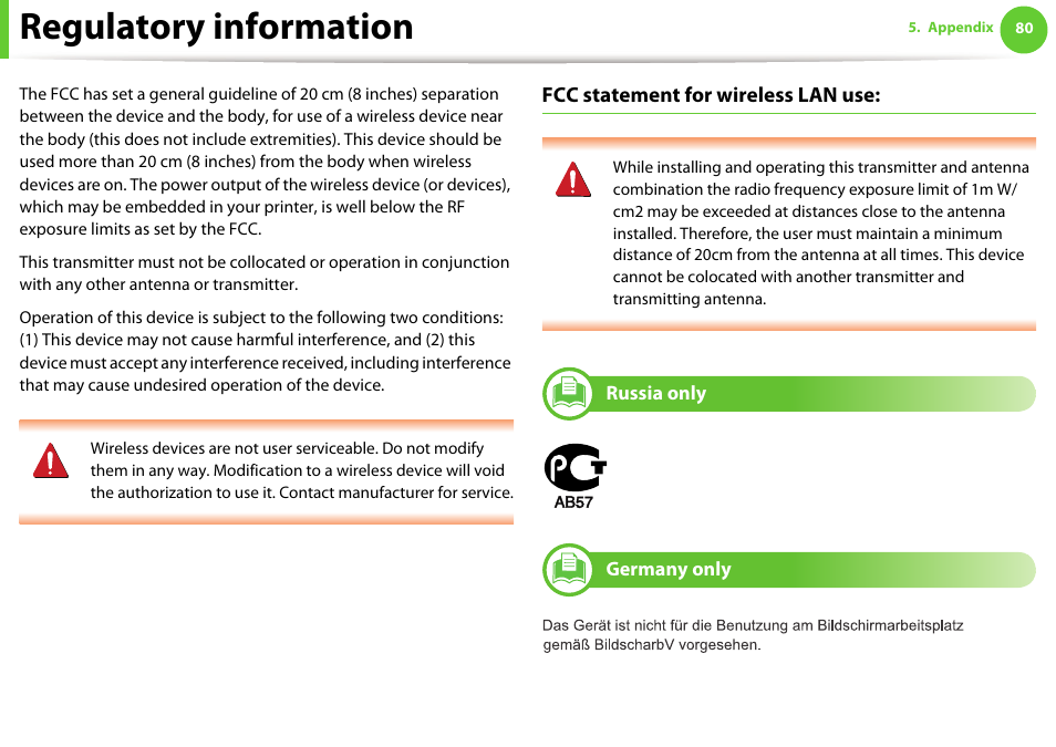 Russia only, Germany only, Regulatory information | Fcc statement for wireless lan use | Samsung ML-2955ND-XAA User Manual | Page 80 / 230