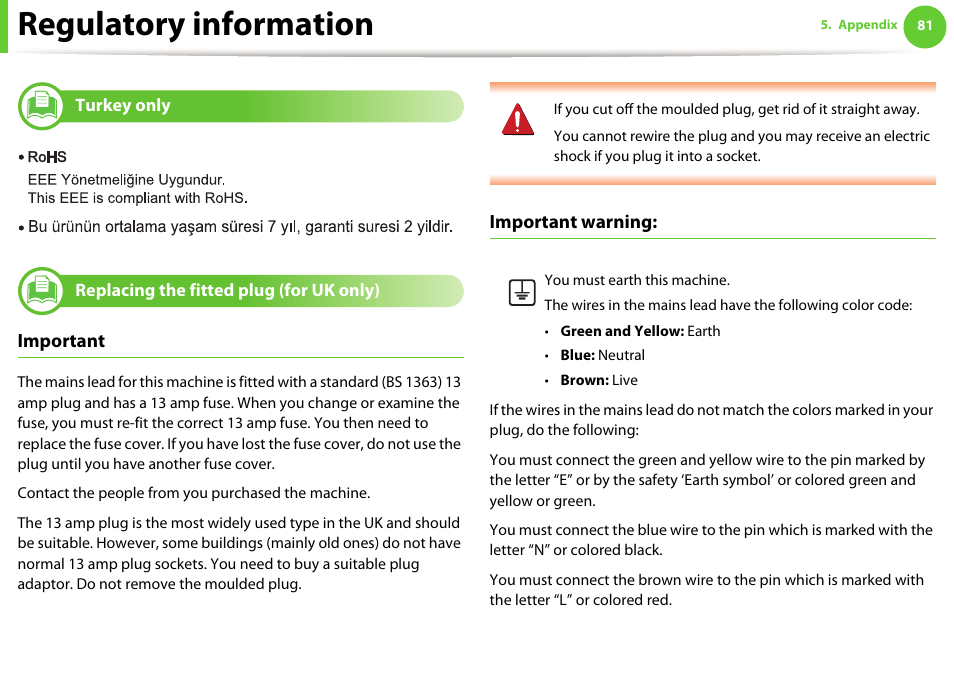 Turkey only, Replacing the fitted plug (for uk only), Regulatory information | Important, Important warning | Samsung ML-2955ND-XAA User Manual | Page 81 / 230