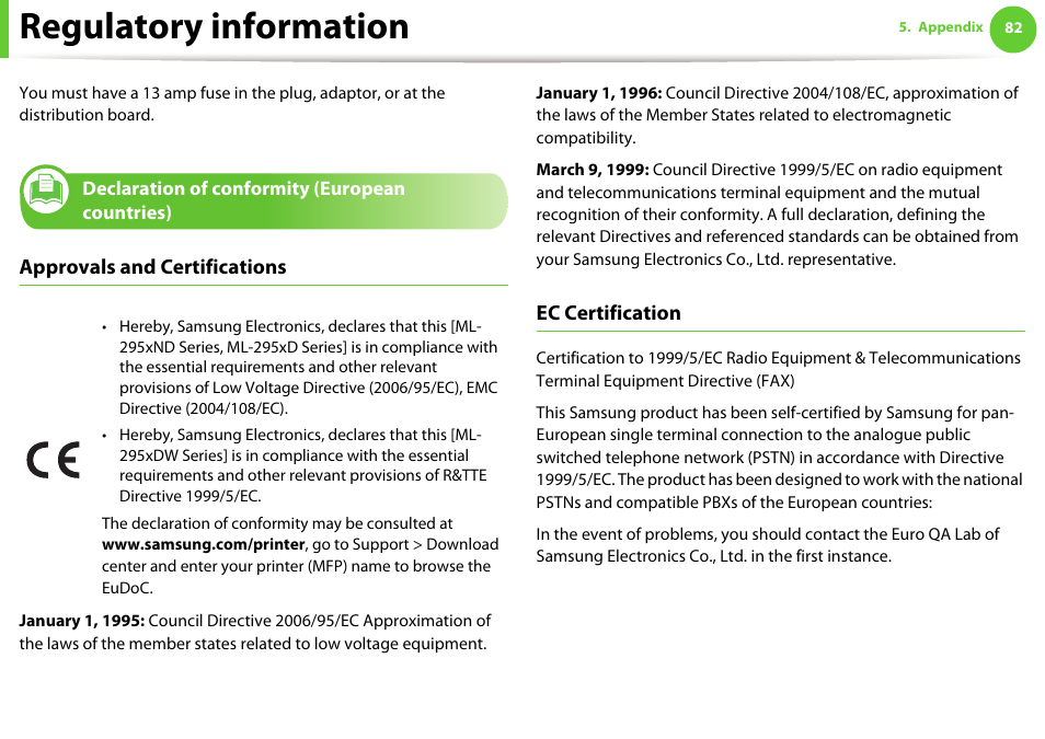 Declaration of conformity (european countries), Regulatory information | Samsung ML-2955ND-XAA User Manual | Page 82 / 230