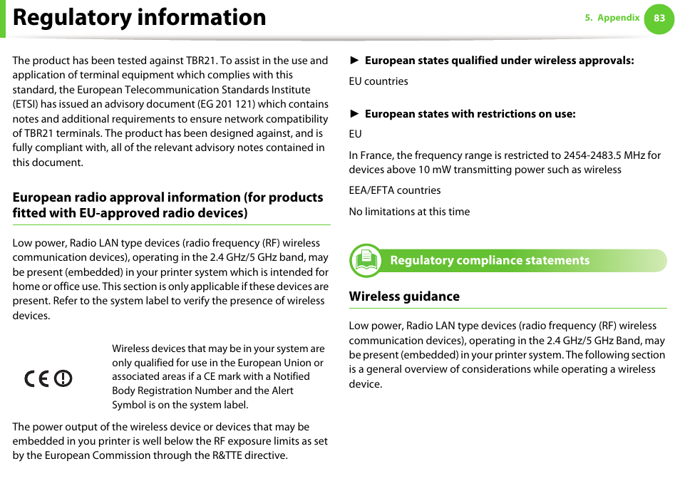 Regulatory compliance statements, Regulatory information | Samsung ML-2955ND-XAA User Manual | Page 83 / 230