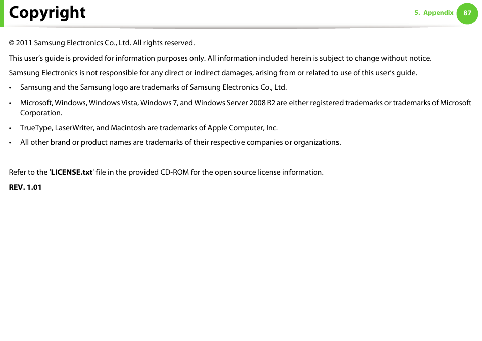 Copyright | Samsung ML-2955ND-XAA User Manual | Page 87 / 230