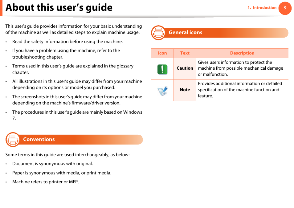 About this user’s guide, Conventions, General icons | Samsung ML-2955ND-XAA User Manual | Page 9 / 230