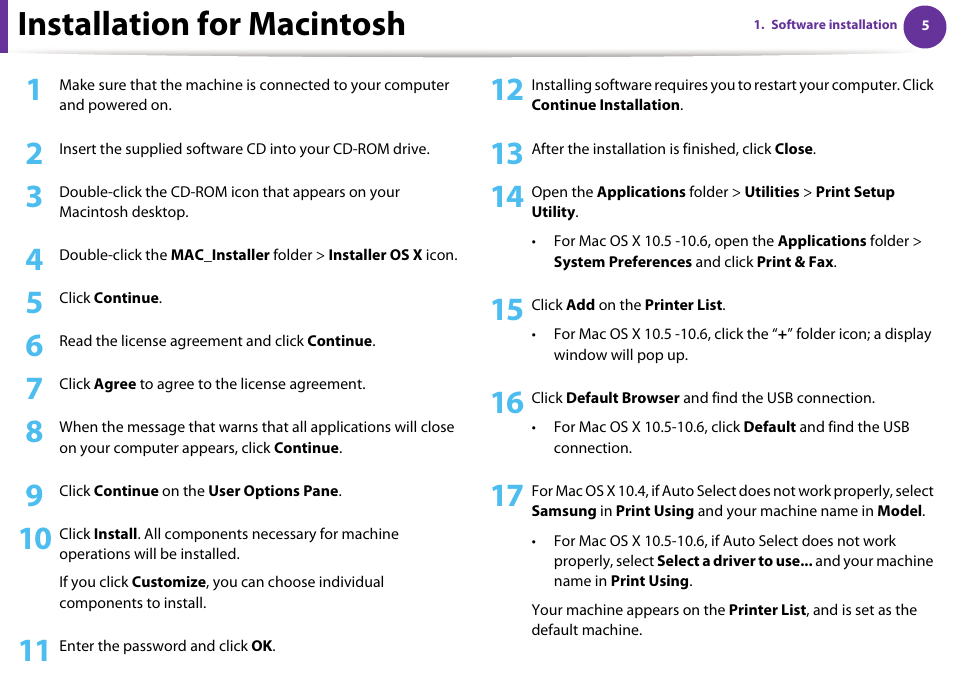 Installation for macintosh | Samsung ML-2955ND-XAA User Manual | Page 95 / 230