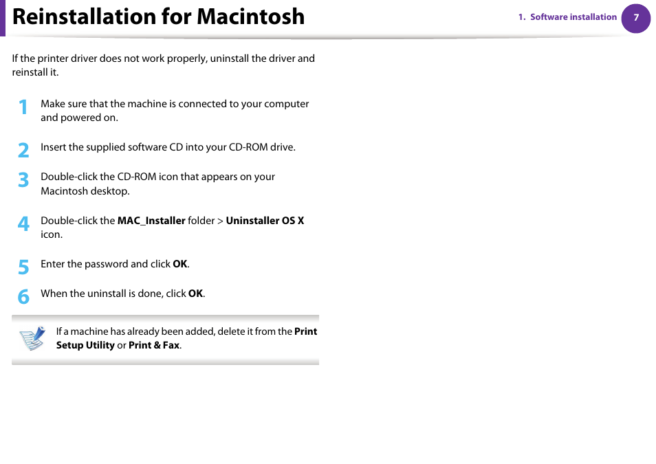 Reinstallation for macintosh | Samsung ML-2955ND-XAA User Manual | Page 97 / 230