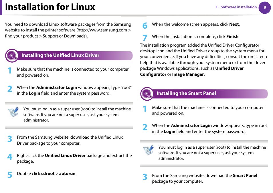 Installation for linux, Installing the unified linux driver, Installing the smart panel | Samsung ML-2955ND-XAA User Manual | Page 98 / 230