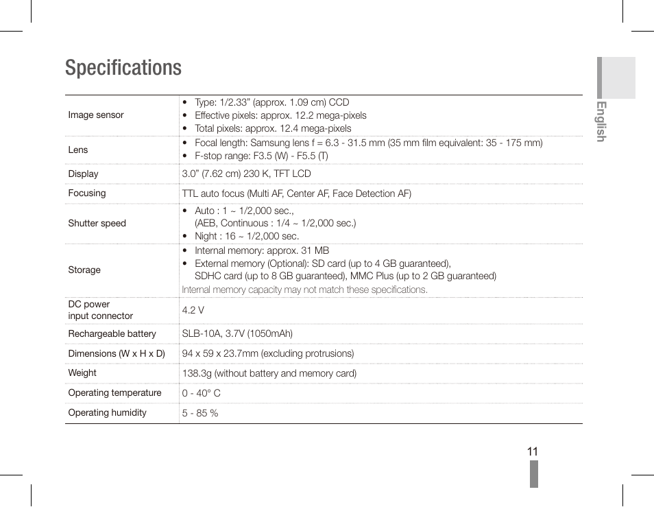 Specifications | Samsung EC-SL620BBP-US User Manual | Page 11 / 22
