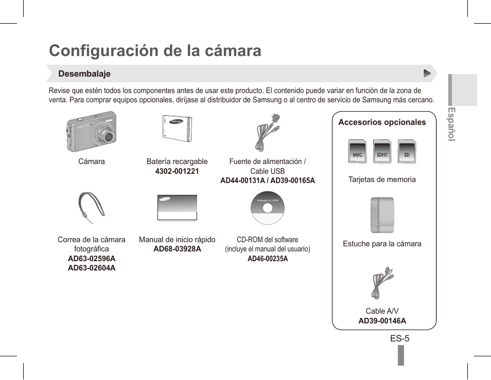 Configuración de la cámara | Samsung EC-SL620BBP-US User Manual | Page 15 / 22