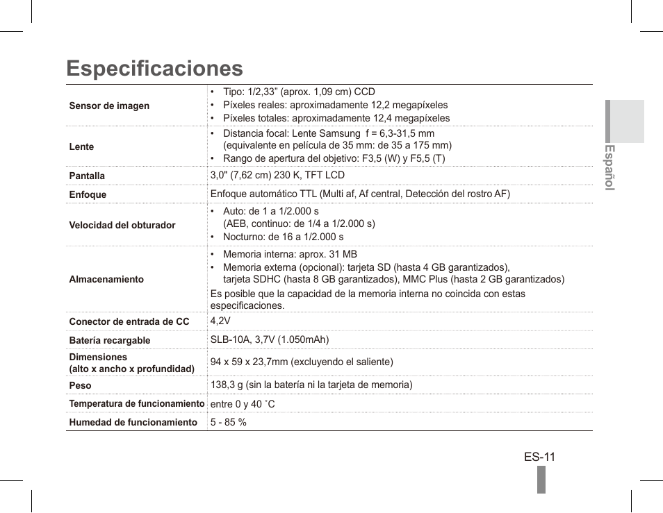 Especificaciones | Samsung EC-SL620BBP-US User Manual | Page 21 / 22