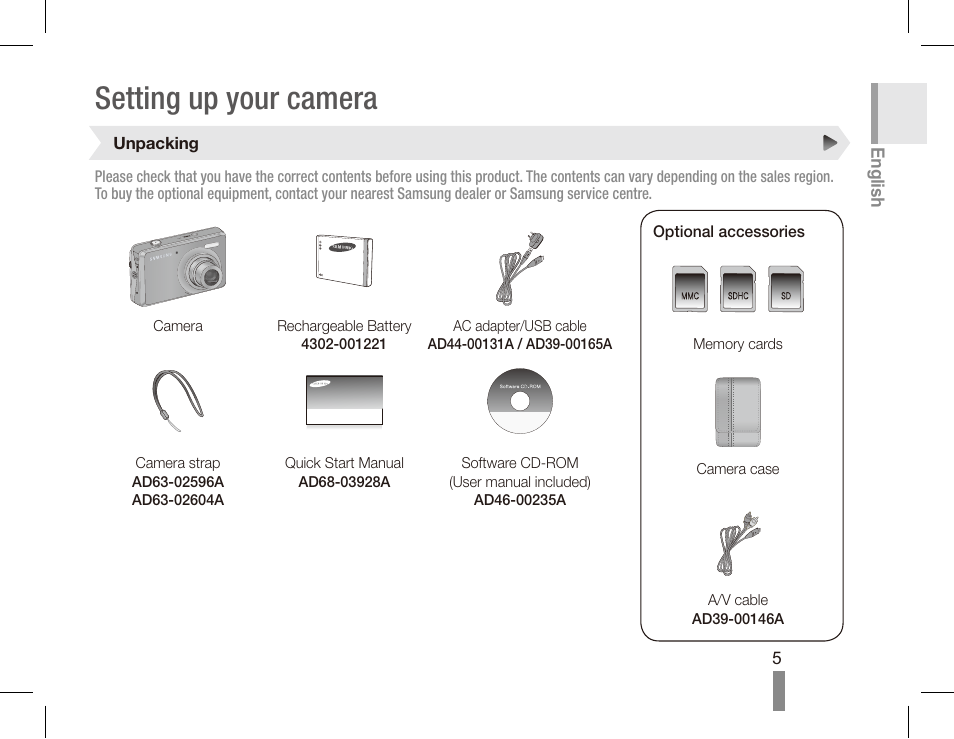 Setting up your camera | Samsung EC-SL620BBP-US User Manual | Page 5 / 22