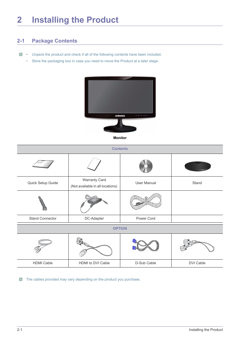2 installing the product, 1 package contents, Installing the product | Package contents -1, 2installing the product | Samsung LS23B370HS-ZM User Manual | Page 13 / 83