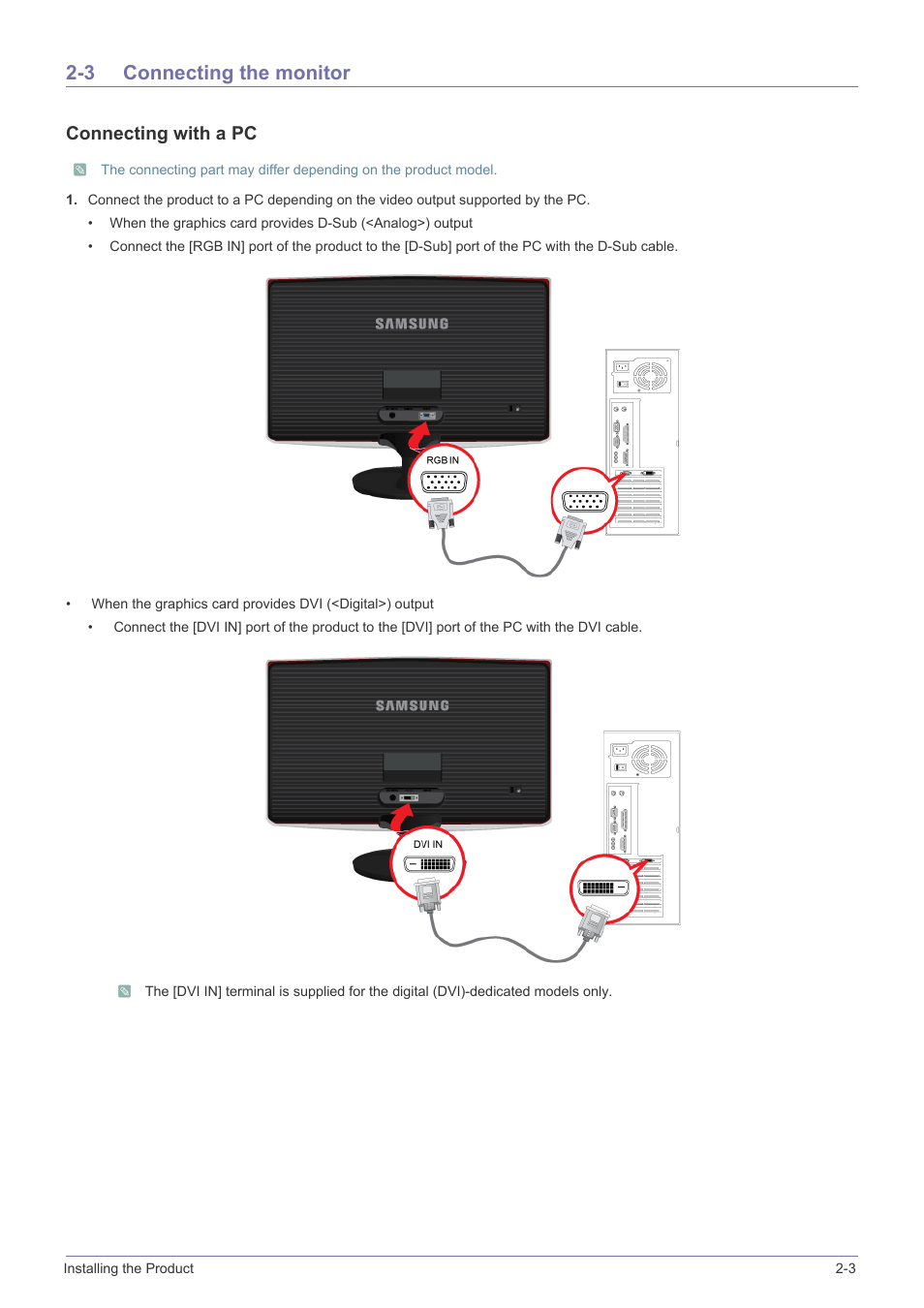 3 connecting the monitor, Connecting the monitor -3, Connecting with a pc | Samsung LS23B370HS-ZM User Manual | Page 16 / 83