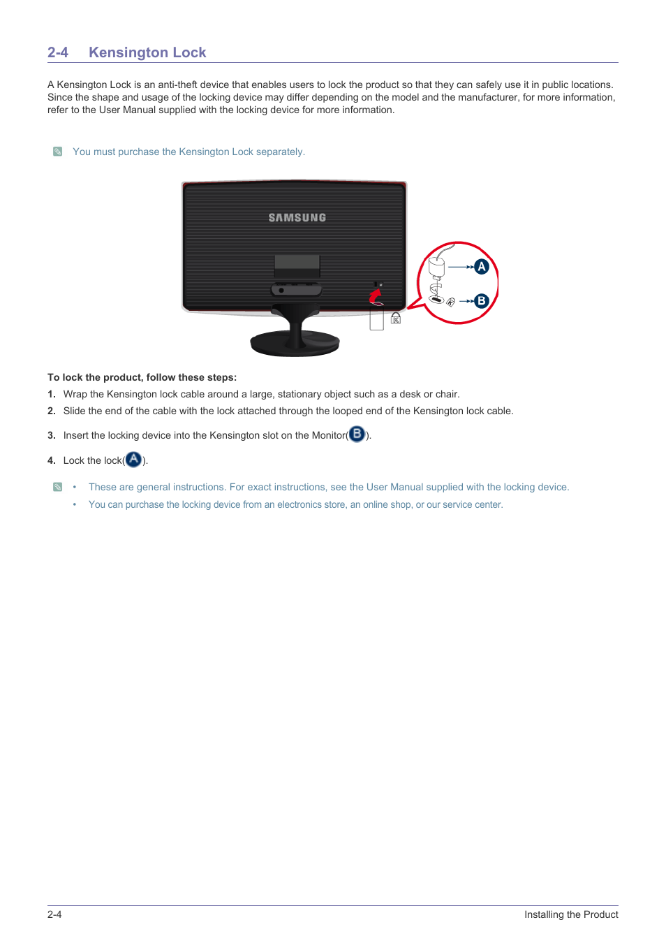 4 kensington lock, Kensington lock -4 | Samsung LS23B370HS-ZM User Manual | Page 19 / 83